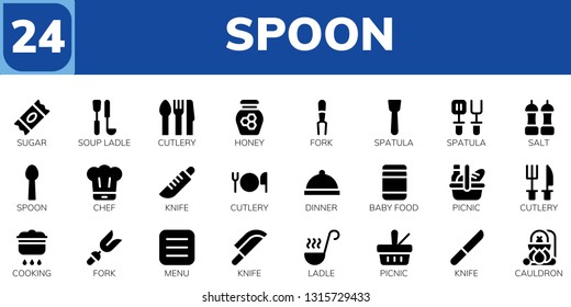 spoon icon set. 24 filled spoon icons.  Collection Of - Sugar, Soup ladle, Cutlery, Honey, Fork, Spatula, Salt, Spoon, Chef, Knife, Dinner, Baby food, Picnic, Cooking, Menu, Ladle