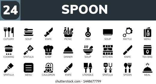 spoon icon set. 24 filled spoon icons.  Simple modern icons about  - Cutlery, Soup, Knife, Picnic, Pan, Rattle, Menu, Cooking, Spatula, Chef, Dinner, Kitchen, Tea bag, Cauldron