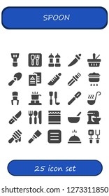 spoon icon set. 25 filled spoon icons. Simple modern icons about  - Spatula, Restaurant, Salt, Knife, Picnic, Scoop, Menu, Cooking, Fork, Cooker, Soup ladle, Peeler, Ladle, Cutlery