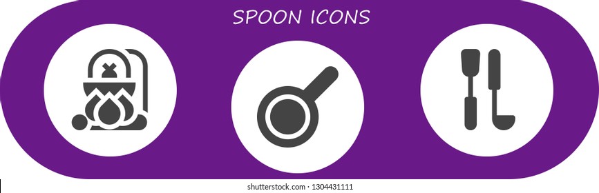 spoon icon set. 3 filled spoon icons.  Collection Of - Cauldron, Pan, Soup ladle
