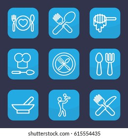 Spoon icon. set of 9 outline spoon icons such as bowl, honey, fork and knife