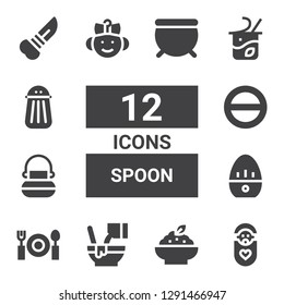 spoon icon set. Collection of 12 filled spoon icons included Baby, Porridge, Mixed, Dinner, Kitchen timer, Cauldron, Salt, Yogurt, Knife