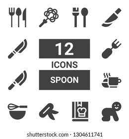 spoon icon set. Collection of 12 filled spoon icons included Baby, Cook, Knife, Beater, Meal, Fork, Rattle, Cutlery, Utensils