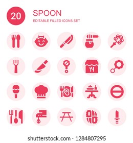 spoon icon set. Collection of 20 filled spoon icons included Cutlery, Baby, Knife, Honey, Rattle, Fork, Restaurant, Chef, Dinner, Dinner table, Salt, Eating utensils, Beater, Picnic