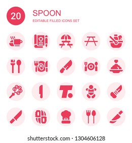 spoon icon set. Collection of 20 filled spoon icons included Meal, Recipe, Picnic, Utensils, Dinner, Knife, Porridge, Rattle, Turner, Baby, Knifes, Cooking, Cutlery