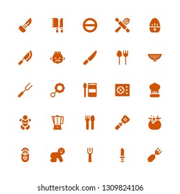 spoon icon set. Collection of 25 filled spoon icons included Fork, Knife, Baby, Cauldron, Slotted spoon, Cutlery, Beater, Cooking, Cooker, Baby food, Rattle, Colander, Kitchen timer