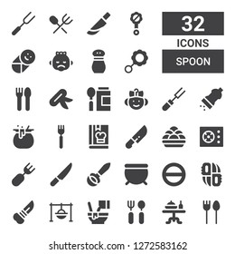spoon icon set. Collection of 32 filled spoon icons included Cutlery, Dinner table, Mixed, Cooking, Knife, Knifes, Salt, Cauldron, Ladle, Fork, Cooker, Kanji vadas, Cook, Baby
