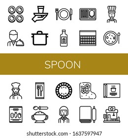spoon icon set. Collection of Curd, Waiter, Serve, Pot, Restaurant, Yogurt, Meal, Sugar, Chef, Soup, Mix, Cutlery, Baby food, Plate, Valenki, Dough icons