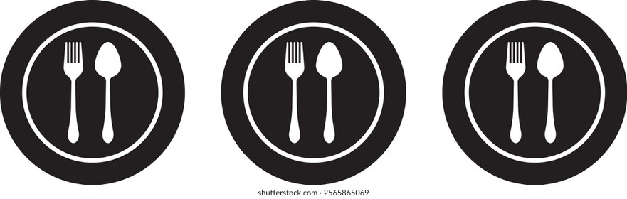 For and spoon icon set. Eatery symbol. Kitchen utensil vector illustration. Tableware serving sign. Crossed fork and spoon pictogram. Menu button.