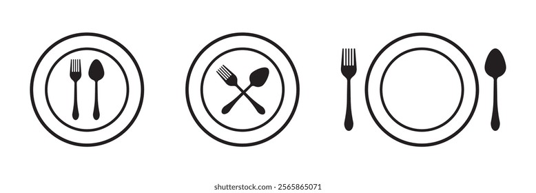 For and spoon icon set. Eatery symbol. Kitchen utensil vector illustration. Tableware serving sign. Crossed fork and spoon pictogram. Menu button.