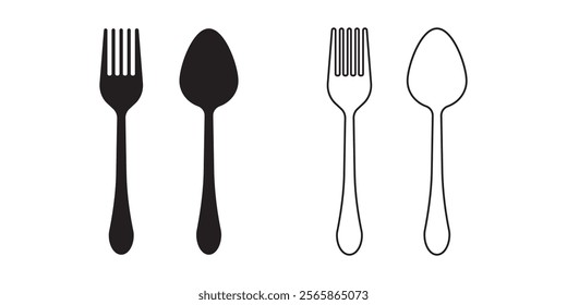 For and spoon icon set. Eatery symbol. Kitchen utensil vector illustration. Tableware serving sign. Crossed fork and spoon pictogram. Menu button.