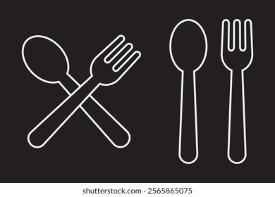 For and spoon icon set. Eatery symbol. Kitchen utensil vector illustration. Tableware serving sign. Crossed fork and spoon pictogram. Menu button.