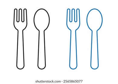 For and spoon icon set. Eatery symbol. Kitchen utensil vector illustration. Tableware serving sign. Crossed fork and spoon pictogram. Menu button.