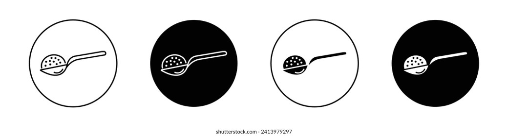 Spoon icon set. Tea spoon with powder sugar vector symbol in a black filled and outlined style. Full yogurt spoon sign.