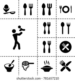 Spoon icons. set of 13 editable filled spoon icons such as honey, soup, father with baby, boiled egg