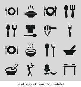 Spoon icons set. set of 16 spoon filled icons such as bowl, honey, porridge, boiled egg, soup