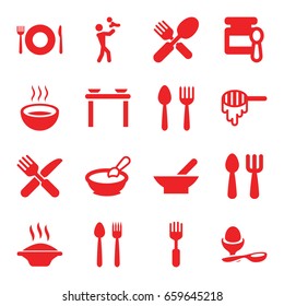 Spoon icons set. set of 16 spoon filled icons such as bowl, honey, baby food, porridge, boiled egg, soup