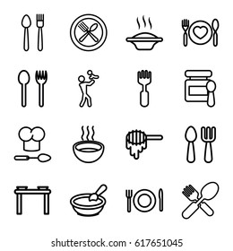Spoon icons set. set of 16 spoon outline icons such as honey, baby food, porridge, fork, soup