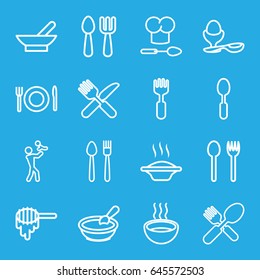 Spoon icons set. set of 16 spoon outline icons such as bowl, honey, porridge, boiled egg, fork and knife, soup