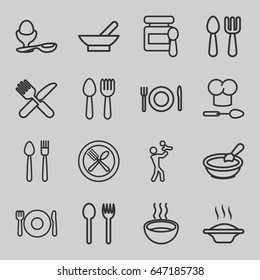 Spoon icons set. set of 16 spoon outline icons such as bowl, baby food, porridge, boiled egg, soup