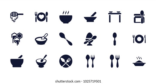 Spoon icons. set of 18 editable filled spoon icons: bowl, honey, porridge, table with plates and pan, baby food, soup