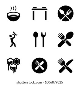 Spoon icons. set of 9 editable filled spoon icons such as table with plates and pan, soup, honey