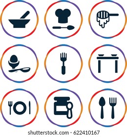 Spoon icons set. set of 9 spoon filled icons such as bowl, honey, baby food, boiled egg