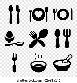 Spoon icons set. set of 9 spoon filled icons such as porridge, boiled egg, fork