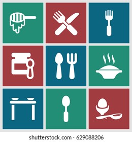 Spoon icons set. set of 9 spoon filled icons such as honey, baby food, boiled egg, fork and knife, fork, soup