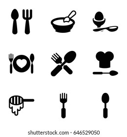 Spoon icons set. set of 9 spoon filled icons such as honey, porridge, boiled egg