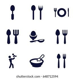 Spoon icons set. set of 9 spoon filled icons such as porridge, boiled egg