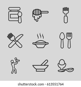 Spoon icons set. set of 9 spoon outline icons such as spoon and fork, bowl, honey, baby food, boiled egg, fork and knife, fork, soup