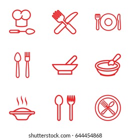 Spoon icons set. set of 9 spoon outline icons such as bowl, porridge, fork and knife