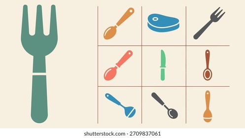 Spoon icons set with color variant offering multiple modern utensil graphics suitable for cooking themed branding food packaging and digital illustration