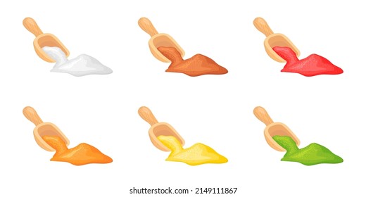 Spoon indian spices. Wooden scoop of colorful closeup powder, rustical spoonful herb seasoning, spoons powders ladle salt cocoa rice or soda curry pepper sugar, vector illustration of indian seasoning