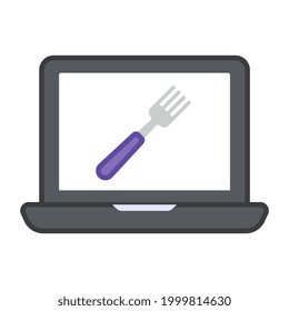 Spoon inside laptop, icon of online cutlery