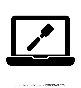 Spoon inside laptop, icon of online cutlery