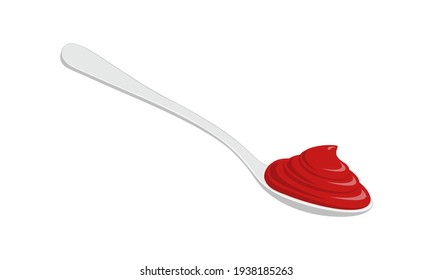 Spoon with ketchup, tomato paste or chili sauce isolated on white background. Vector flat illustration.