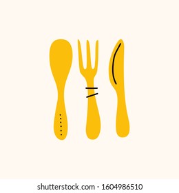 Spoon, knife and fork cartoon doodle vector stock icon in flat style. Decoration kitchenware element Isolated on white background. Flat design. Vector illustration.
