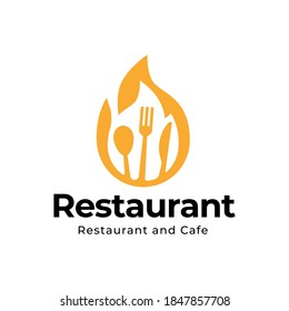 Löffel, Messer und Gabel in einem Feuersymbol für Restaurant-Logo, Symbol einfache flache Vektorgrafik eps10 einzeln auf weißem Hintergrund