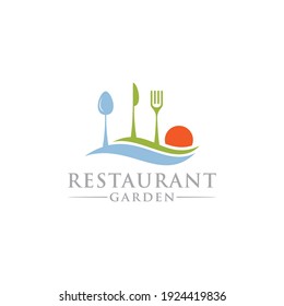 Spoon knife fork hill wave moon sun for restaurant outdoor logo design