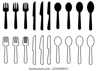 Spoon, knife, fork icon set, Dining silverware Silhouette, cutlery, Vector illustration.