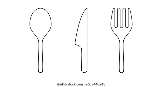 Spoon, Knife and Fork Icon Set. Spoon, Knife and Fork Vector Icon in line style design. Spoon, Knife and Fork Symbol. Vector illustration.
