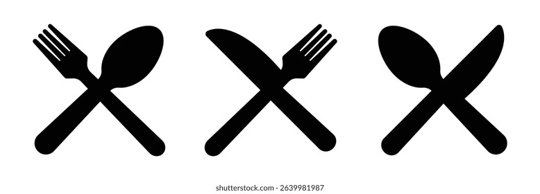 Spoon, knife, fork icon set. Silverware solid monochrome icon set. eps 10.