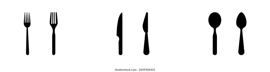 Spoon, knife, fork icon set. Dining silverware. Silhouette, cutlery. Vector illustration. EPS 10