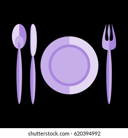 Spoon, knife, fork and plate violet icon isolated on black - stylized simple vector drawing