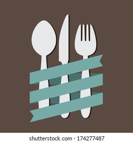 Spoon Knife Fork With Ribbon Flat Vector