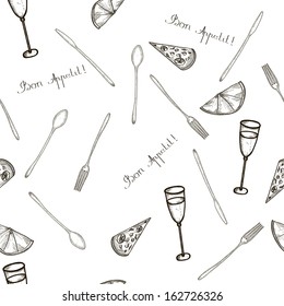 Spoon, Knife and Fork Seamless Sketch. Vector Illustration.