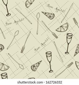 Spoon, Knife and Fork Seamless Sketch. Vector Illustration.