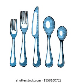 Spoon, knife, fork sketch vector illustration. Cutlery set, isolated on the white background.Modern blue cultery.